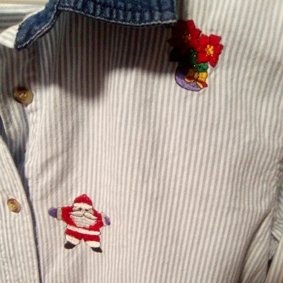 CABIN Creek Christmas ladies blue and white pin stripe blouse. Size large - Picture 3 of 7